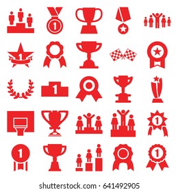 Victory icons set. set of 25 victory filled icons such as ranking, trophy, ribbon, medal, finish flag, basketball basket, 1st place star, olive wreath