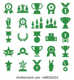 Victory icons set. set of 25 victory filled icons such as ranking, trophy, 1st place star, medal, olive wreath, star trophy, number 1 medal, medal with star