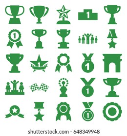 Victory icons set. set of 25 victory filled icons such as arc de triomphe, ranking, trophy, ribbon, medal, finish flag, 1st place star, award, star trophy