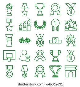 Victory icons set. set of 25 victory outline icons such as arc de triomphe, ranking, trophy, ribbon, medal, finish flag, basketball basket, olive wreath