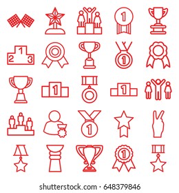 Victory icons set. set of 25 victory outline icons such as trophy, ribbon, ranking, medal, finish flag, star trophy, group of people and man celebrating victory