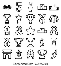 Victory icons set. set of 25 victory outline icons such as arc de triomphe, ribbon, star, ranking, medal, trophy, finish flag, star trophy