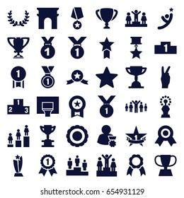 Victory icons set. set of 36 victory filled icons such as arc de triomphe, ranking, ribbon, trophy, medal, basketball basket, 1st place star, star, award, olive wreath