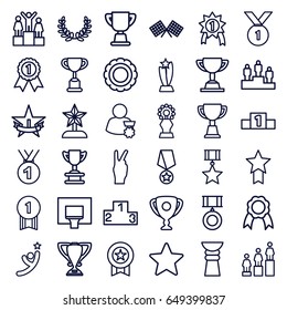 Victory icons set. set of 36 victory outline icons such as ranking, trophy, ribbon, star, medal, finish flag, basketball basket, 1st place star, olive wreath, man with medal