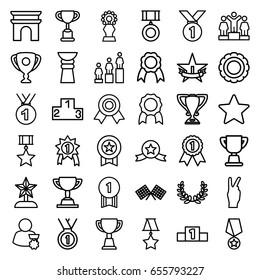 Victory icons set. set of 36 victory outline icons such as arc de triomphe, ranking, trophy, ribbon, star, medal, finish flag, 1st place star, olive wreath, man with medal