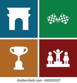Victory icons set. set of 4 victory filled icons such as arc de triomphe, ranking, finish flag