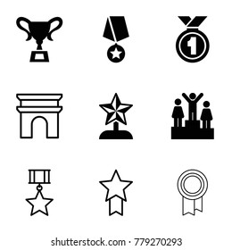 Victory icons. set of 9 editable filled and outline victory icons such as ranking, star trophy, medal with star, arc de triomphe, trophy