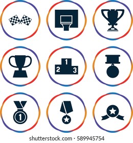 victory icons set. Set of 9 victory filled icons such as trophy, medal, finish flag, basketball basket, ranking