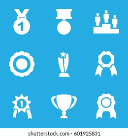 victory icons set. Set of 9 victory filled icons such as ribbon, ranking, medal, award, trophy