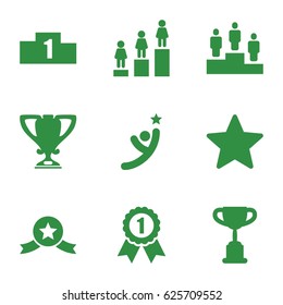 Victory icons set. set of 9 victory filled icons such as ranking, trophy, star, number 1 medal, medal with star