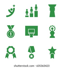 Victory icons set. set of 9 victory filled icons such as ranking, ribbon, medal, basketball basket, trophy, medal with star
