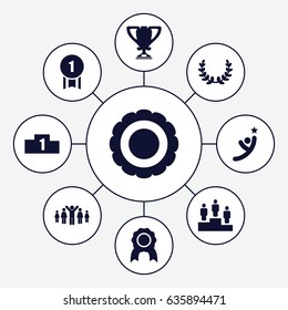 Victory icons set. set of 9 victory filled icons such as trophy, ranking, award, olive wreath, group of people and man celebrating victory, number 1 medal, winner