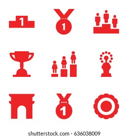 Victory icons set. set of 9 victory filled icons such as arc de triomphe, ranking, award, trophy, number 1 medal