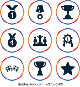 Victory icons set. set of 9 victory filled icons such as ranking, trophy, finish flag, star, number 1 medal, medal with star
