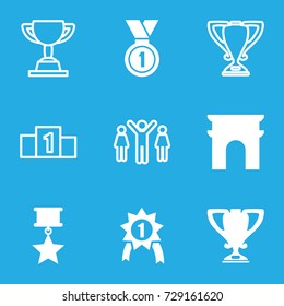 Victory icons set. set of 9 victory filled and outline icons such as arc de triomphe, medal, trophy, number 1 medal, medal with star, ranking