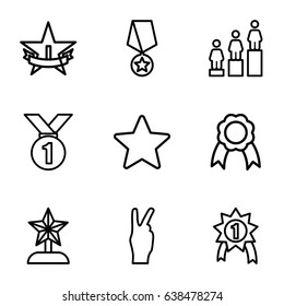 Victory icons set. set of 9 victory outline icons such as ranking, ribbon, star, 1st place star, number 1 medal, peace