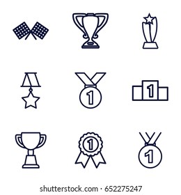 Victory icons set. set of 9 victory outline icons such as trophy, medal, finish flag, ranking