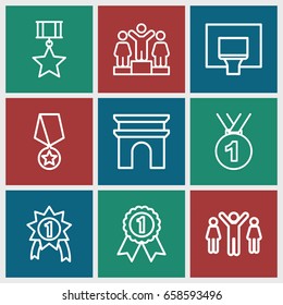 Victory icons set. set of 9 victory outline icons such as arc de triomphe, ranking, basketball basket, medal, group of people and man celebrating victory, number 1 medal