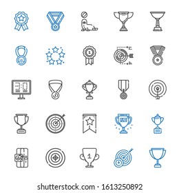 victory icons set. Collection of victory with trophy, target, sport, banner, medal, scoreboard, best, seal, badges. Editable and scalable victory icons.