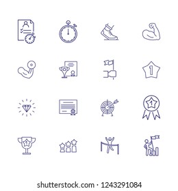 Victory icons. Set of line icons. First place, stopwatch, champion cup. Winning concept. Vector illustration can be used for topics like competition, sport, success