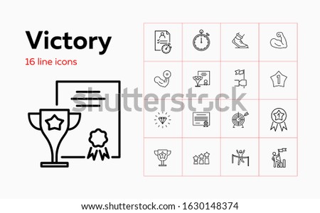 Victory icons. Set of line icons. First place, stopwatch, champion cup. Winning concept. Vector illustration can be used for topics like competition, sport, success
