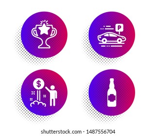 Victory, Income money and Car parking icons simple set. Halftone dots button. Beer bottle sign. Championship prize, Wealth, Transport place. Craft beer. Business set. Classic flat victory icon. Vector