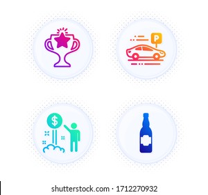 Victory, Income money and Car parking icons simple set. Button with halftone dots. Beer bottle sign. Championship prize, Wealth, Transport place. Craft beer. Business set. Vector