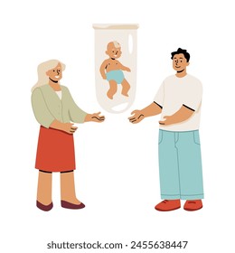 Victory for infertility. Modern flat vector illustration depicting joyful parents with a test tube baby, symbolizing the success of assisted reproductive technologies. Isolated background.