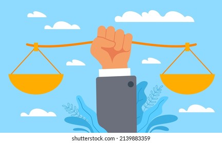 Victory of justice. Hand holding scales in balance. Legal services. Law, equality or freedom symbol, judgment sign. Fair judicial system. Bly sky background. Vector cartoon flat concept