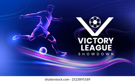 Victory League-Tech Background Featuring a Football Event with Neon Light Waves-Vector design