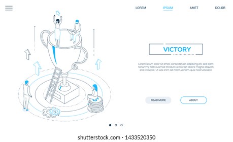 Victory - line design style isometric web banner on white background with copy space for text. A website header with male, female colleagues standing at a big award, prize. Business success concept