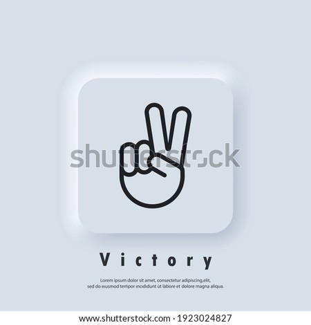 Victory logo. Sign of victory or peace. Hand gesture of human. Two fingers raised up. Vector EPS 10. UI icon. Neumorphic UI UX white user interface web button. Neumorphism