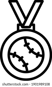 Diseño de la línea del vector de la medalla de victoria, símbolo de la bola de base sobre fondo blanco, signo del bate y del juego de bolas, material deportivo,