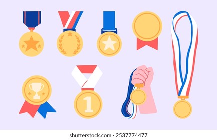 Victory Medal Icon Set. A set of eight gold medal illustrations featuring various designs, including ribbons and symbols, representing honor, achievement, and certification