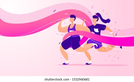 Victory metaphor concept of running competition, Athlete sportsman team run marathon distance on stadium vector illustration