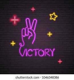 Victory Neon Hand Symbol Light Glowing Bright Illustration Vector Colour Light