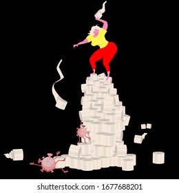 Victory is ours! A girl standing on a tower of toilet paper rolls is fighting a coronavirus climbing up. Cartoon character humorous concept. Vector illustration in a flat style.