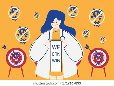 Victory over the corona virus vector concept, Success in covid19 virus removal cartoon flat design,people  outfight and destroy covid virus idea,physician win over nCoV illustration.