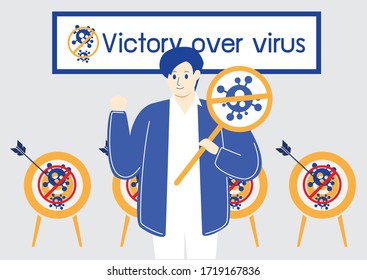 Victory over the corona virus vector concept, Success in covid19 virus removal cartoon flat design,people  outfight and destroy covid virus idea,physician win over nCoV illustration.