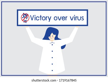 Sieg über das Corona-Virus-Vektorkonzept, Erfolg in covid19 Virus Entfernung Cartoon flach Design, Menschen auskämpfen und zerstören covid-Virus-Idee, Arzt gewinnen über nCoV-Illustration.