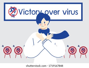 Victory over the corona virus vector concept, Success in covid19 virus removal cartoon flat design,people  outfight and destroy covid virus idea,physician win over nCoV illustration.