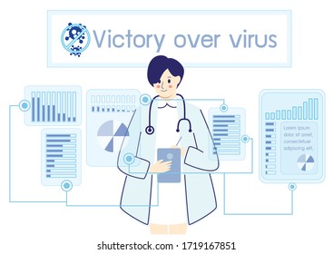 Sieg über das Corona-Virus-Vektorkonzept, Erfolg in covid19 Virus Entfernung Cartoon flach Design, Menschen auskämpfen und zerstören covid-Virus-Idee, Arzt gewinnen über nCoV-Illustration.