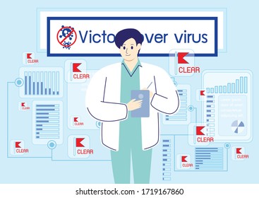 Sieg über das Corona-Virus-Vektorkonzept, Erfolg in covid19 Virus Entfernung Cartoon flach Design, Menschen auskämpfen und zerstören covid-Virus-Idee, Arzt gewinnen über nCoV-Illustration.