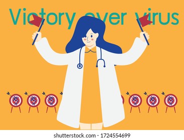 Victoria sobre el concepto del vector del virus de la corona, Éxito en la caricatura de eliminación del virus covid19 diseño plano, personas que luchan y destruyen la idea del virus cóvido, el médico gana la ilustración de nCoV.