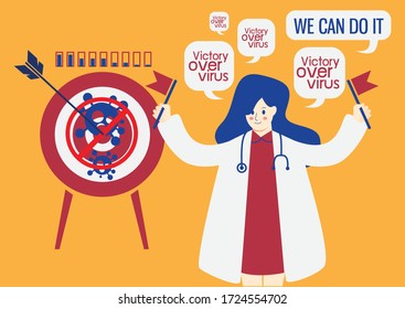 Victoria sobre el concepto del vector del virus de la corona, Éxito en la caricatura de eliminación del virus covid19 diseño plano, personas que luchan y destruyen la idea del virus cóvido, el médico gana la ilustración de nCoV.