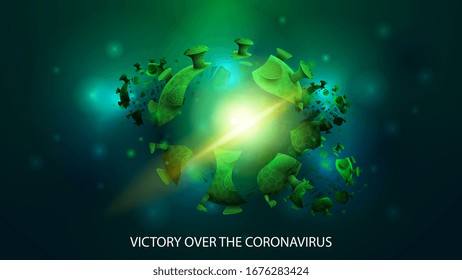 Victory over the coronavirus. The coronavirus is defeated! A collapsing coronavirus molecule on an abstract blurry dark background