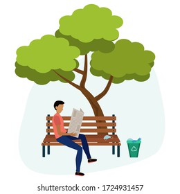 Victory over coronavirus. The end of the epidemic. COVID-19 has ended. Young man without mask in the park. Man reading newspaper. Reading news. Flat vector illustration isolated on white background.