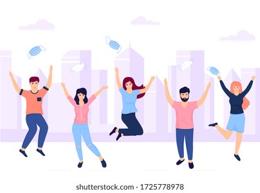 Victory over the coronavirus. End of quarantine. A group of young people on a city street jump, have fun and throw up medical protective masks on top.