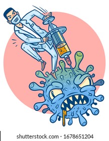 Victory Over COVID-19 Virus. Doctor With Injection Defeats Terrible Virus. Illustration For Magazine, Newspaper, Banners, Brochure. Good News. Antidote Found. Search For A Medicine Against Coronovirus