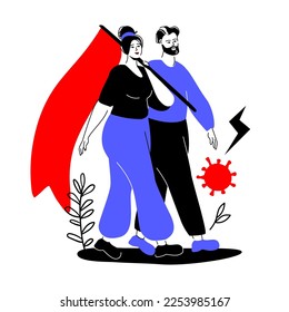 Sieg über dem Virus - farbenfrohe flache Design-Stil-Illustration mit linearen Elementen. Rot-blaue Komposition mit glücklicher Frau und Mann, die eine große Fahne zusammen tragen. Gesundheitsvorsorge
